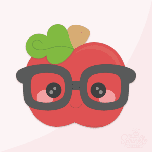 Clipart of a red apple wearing black glasses with a brown stem and a green leaf, pink cheeks and a smile.
