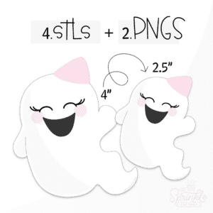 Clipart of a white ghost with a big black smile wearing a pink party hat.
