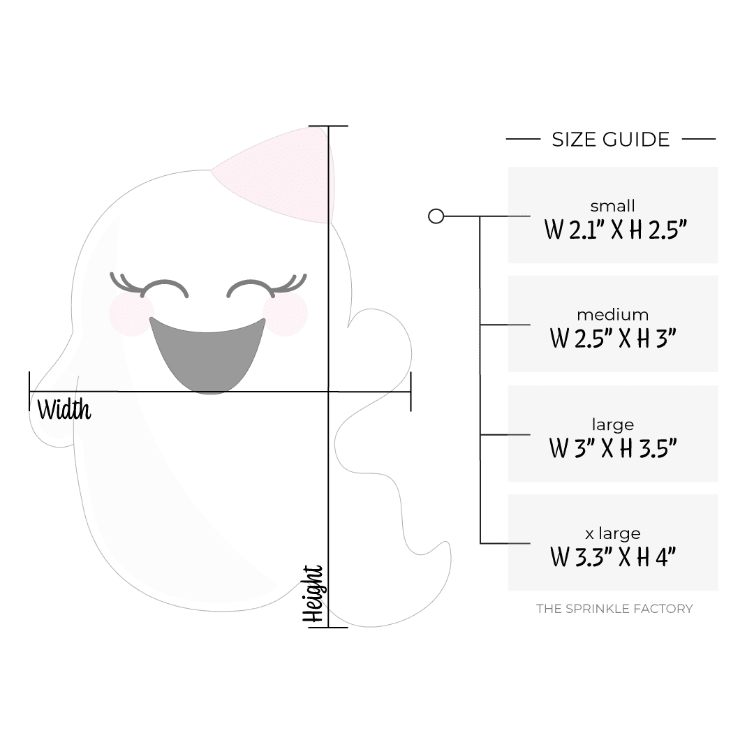 Clipart of a white ghost with a big black smile wearing a pink party hat with size guide to the right.