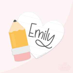 Image of a yellow pencil next to a white heart with blue line notebook paper print and the name EMILY in black.