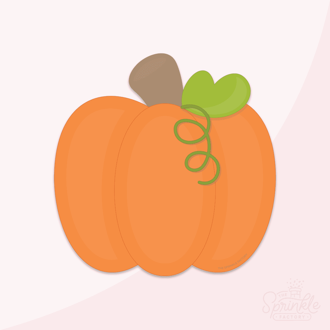 Classic orange pumpkin with a brown top, green leaf and green curly vine.