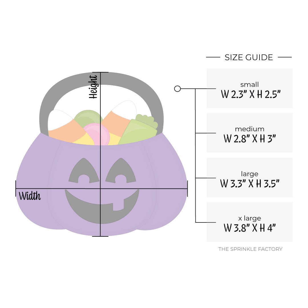 Clipart of a purple pumpkin trick or treat basket with a black face on it, a black handle and candy in the top with size guide.