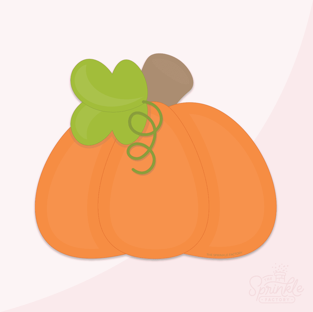 Clipart of a squatty orange pumpkin with a green leaf, brown top and a curly green vine.