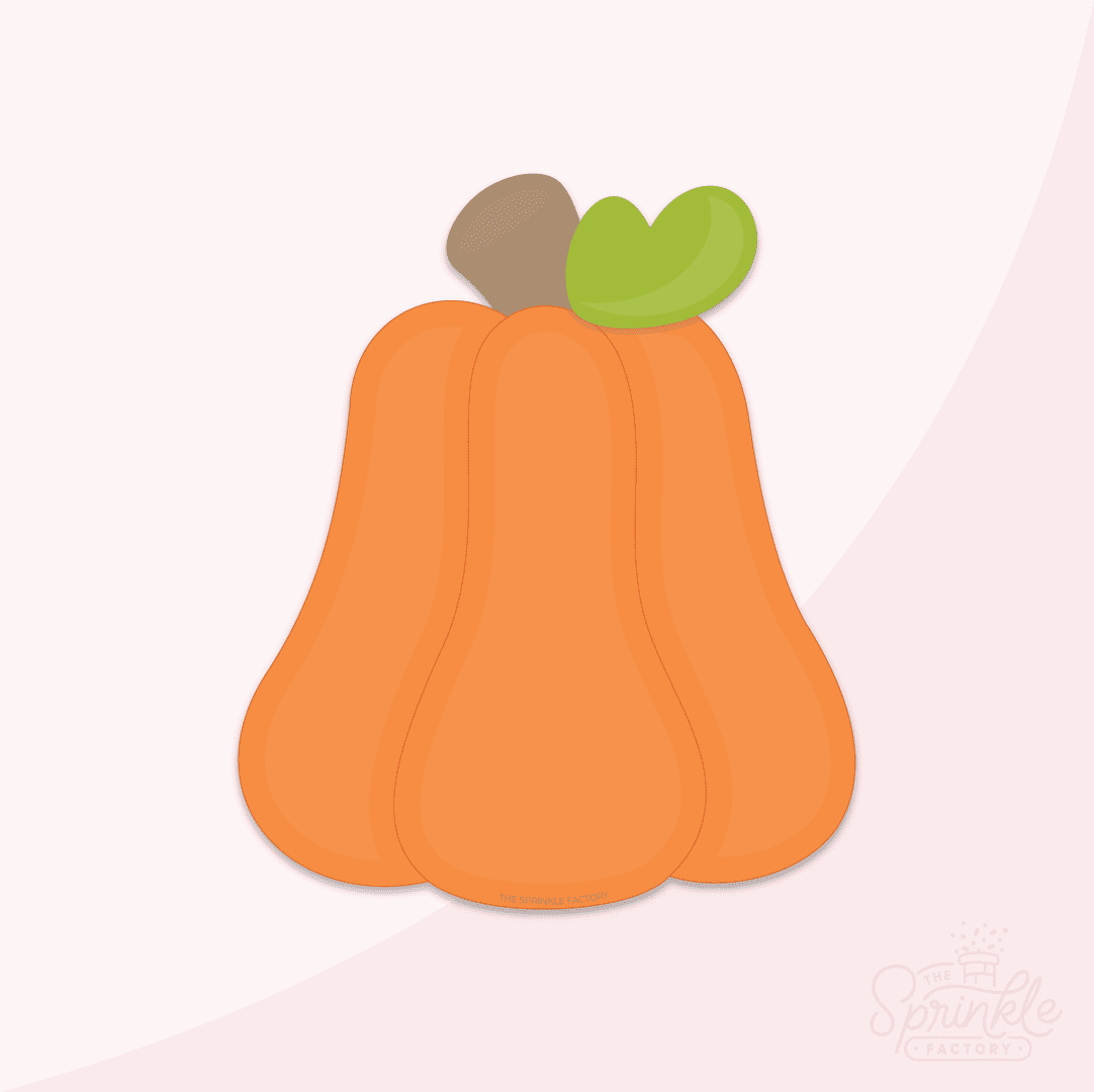 Clipart of a tall gourd shaped orange pumpkin with a brown top and green leaf.