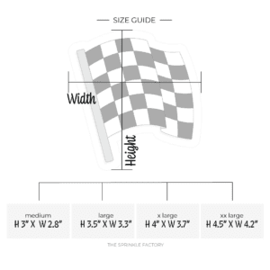 Image of a black and white checkered flag with a grey pole and size guide below.