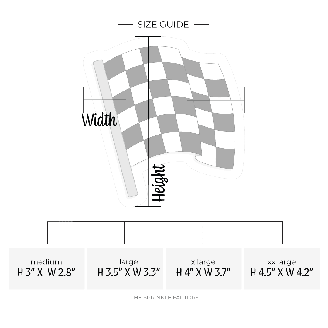 Image of a black and white checkered flag with a grey pole and size guide below.