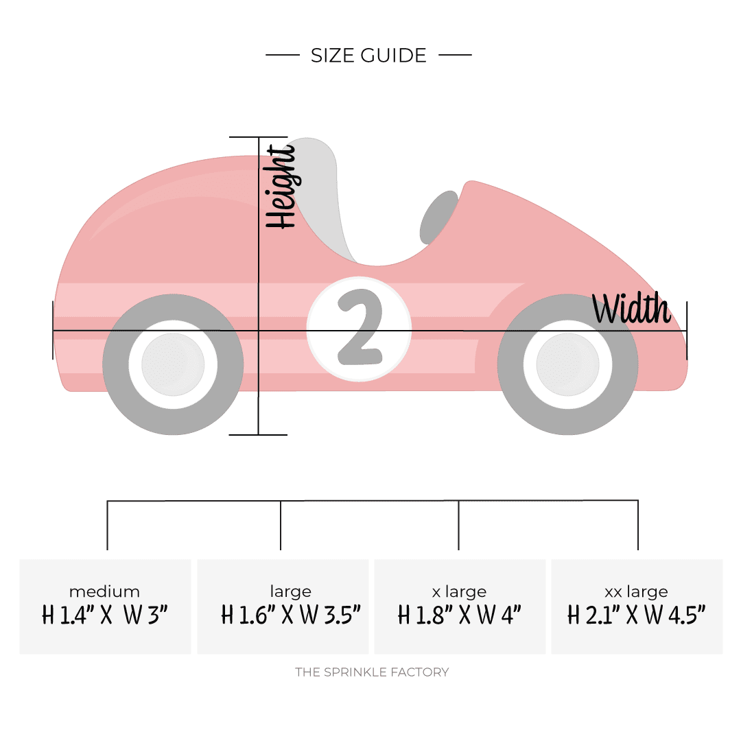 Image of a retro open top style red race car with lighter red stripes and a round white circle with a black number 2 on the side and size guide below.