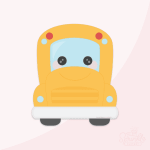 Clipart of a yellow school bus front with blue windshield with black eyes, pink cheeks and a smile.