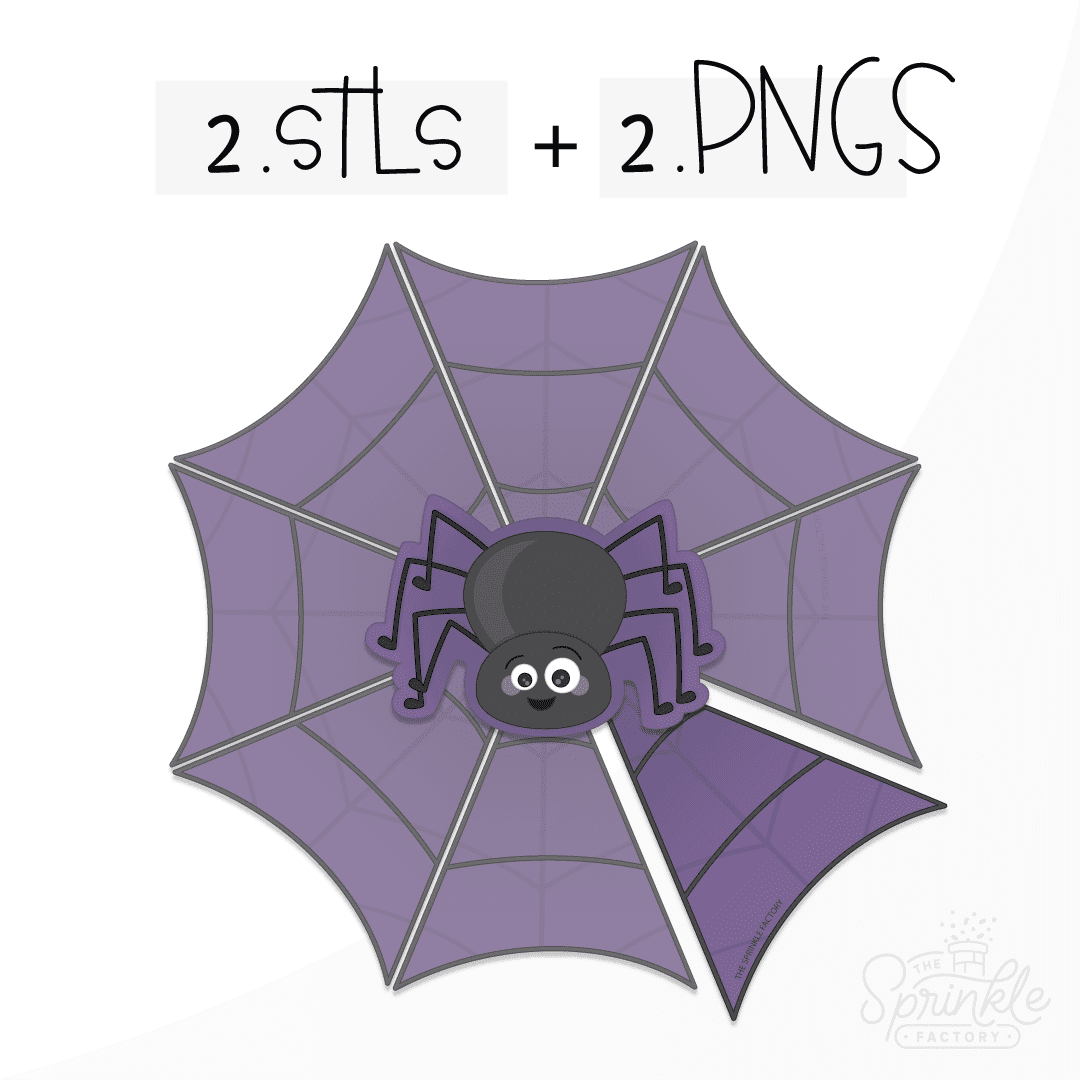 Clipart of a purple spider web with black line details and a black spider in the middle with an offset purple background.