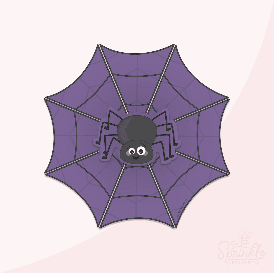 Clipart of a purple spider web with black line details and a black spider in the middle with an offset purple background.