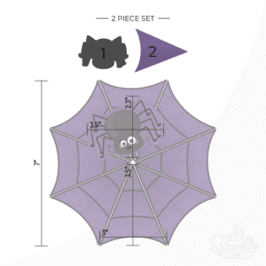 Clipart of a purple spider web with black line details and a black spider in the middle with an offset purple background with size guide.