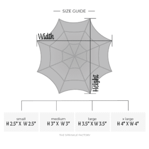 Clipart of a grey spiderweb with black line details and size guide below.