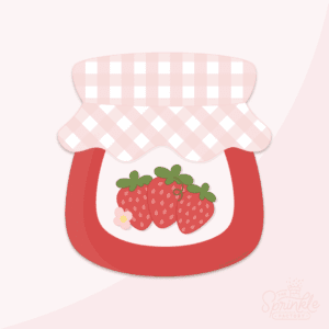 A graphic image of a strawberry jam jar on a pink background.