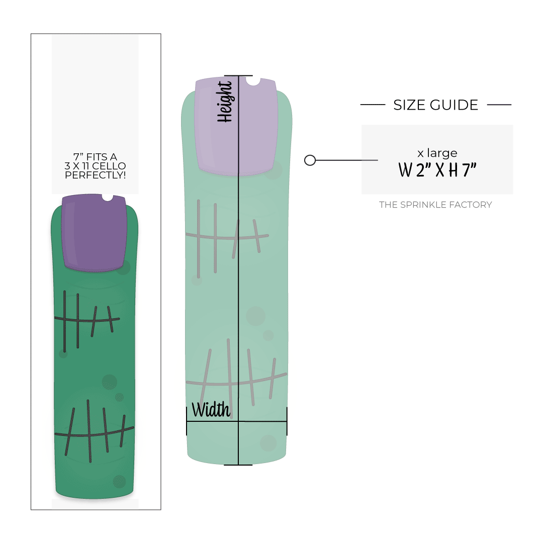 Clipart of a green Frankenstien finger with black stitches on it and a chipped purple fingernail with size guide.