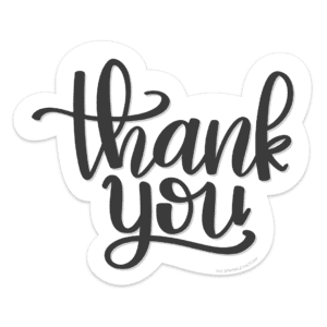 Digital image of a hand letter cursive writing "thank you" in black with an offset white background.
