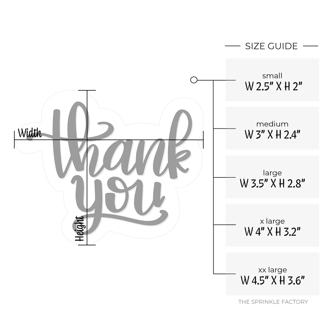 Digital image of a hand letter cursive writing "thank you" in black with an offset white background with size guide to the right.