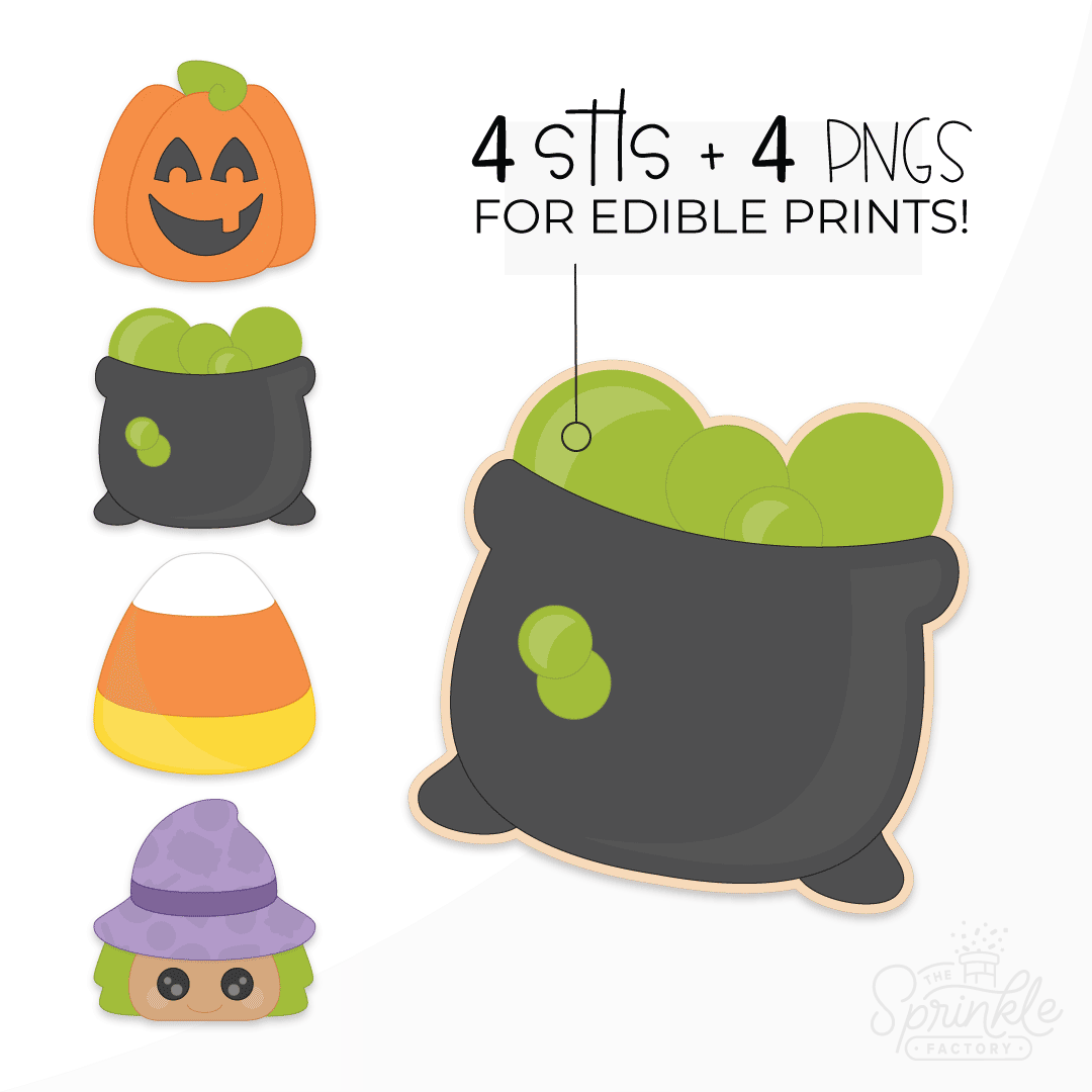 Clipart of an orange pumpkin, black and green cauldron, candy corn and a witch with a purple hat and green hair.