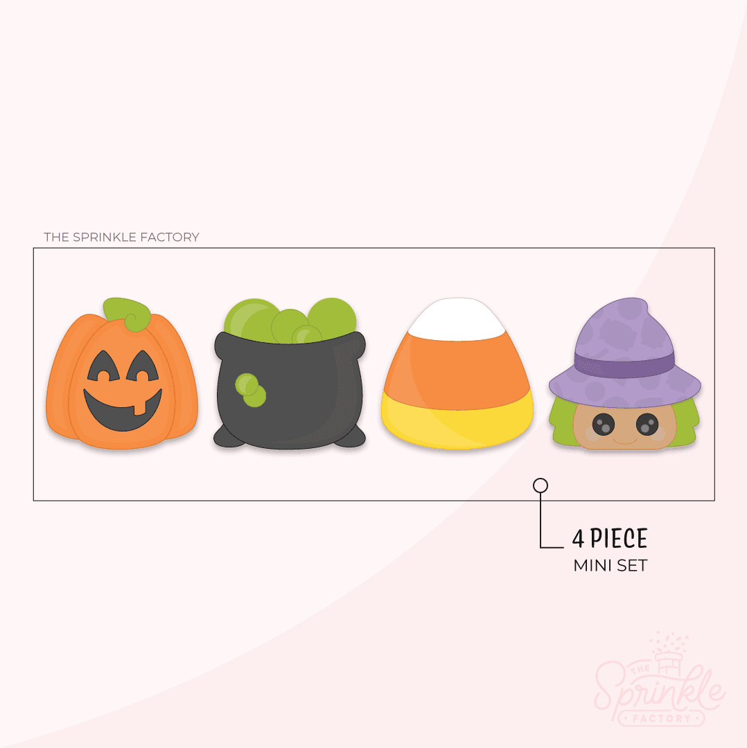 Clipart of an orange pumpkin, black and green cauldron, candy corn and a witch with a purple hat and green hair.