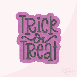 Clipart of the words TRICK OR TREAT in black lettering on top of an offset purple background with light purple candy on it.