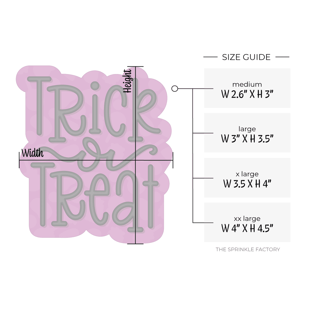 Clipart of the words TRICK OR TREAT in black lettering on top of an offset purple background with light purple candy on it and size guide to the right.
