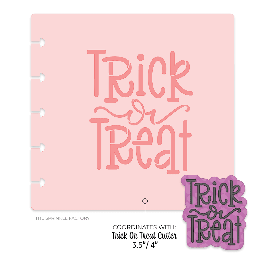 Image of a pink stencil with Trick Or Treat lettered in the middle in darker pink and a purple version of the design in the right lower corner.