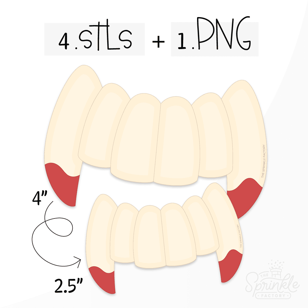 Clipart of cream coloured vampire teeth top row only with red blood on the end of the fangs.