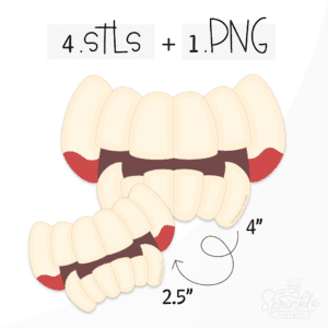 Clipart of cream coloured vampire teeth top and bottom row with red blood on the end of the fangs.