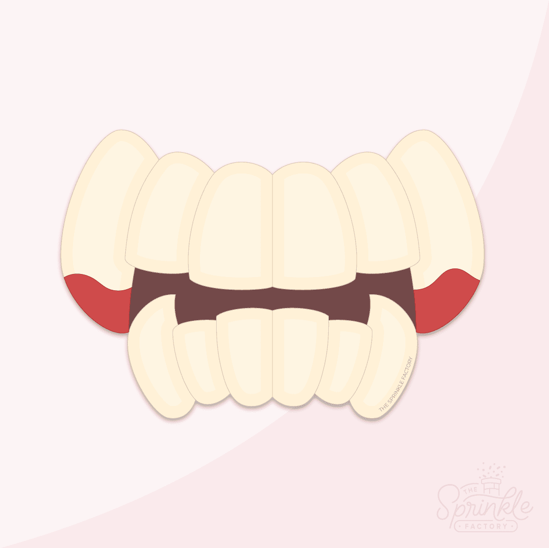 Clipart of cream coloured vampire teeth top and bottom row with red blood on the end of the fangs.