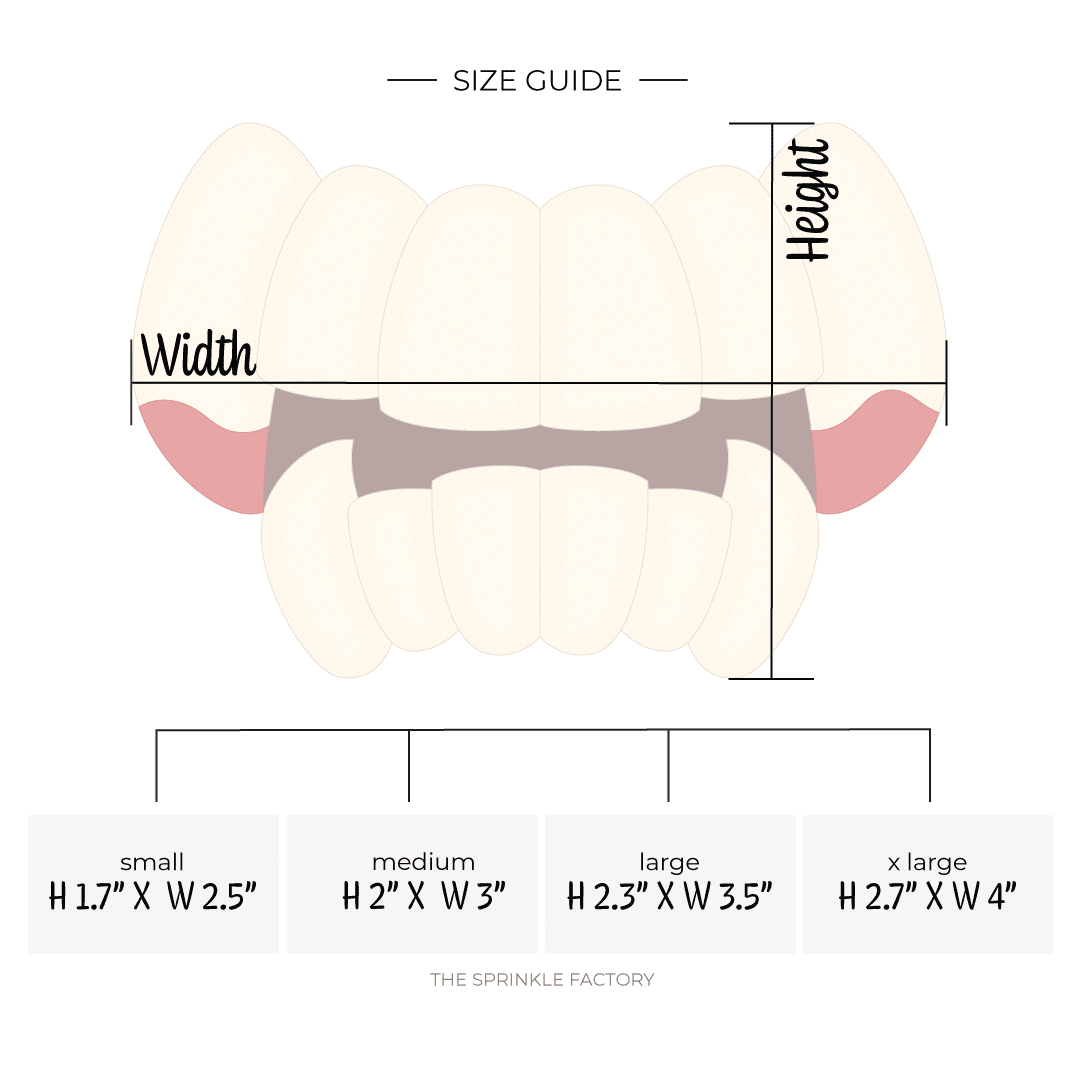 Clipart of cream coloured vampire teeth top and bottom row with red blood on the end of the fangs with size guide.