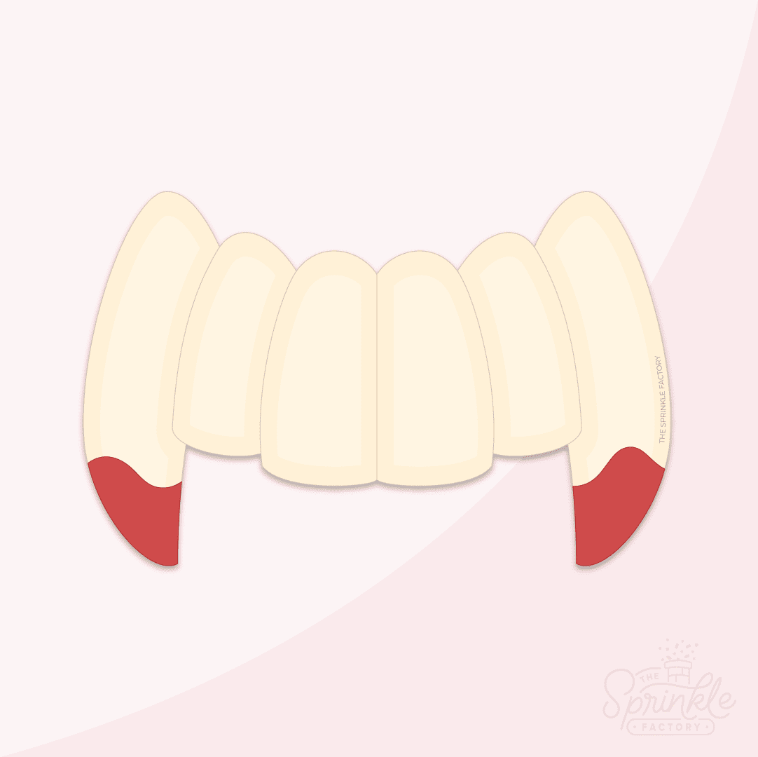 Clipart of cream coloured vampire teeth top row only with red blood on the end of the fangs.