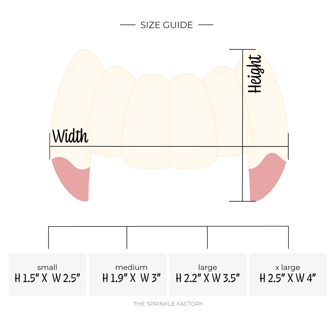 Clipart of cream coloured vampire teeth top row only with red blood on the end of the fangs with size guide below.