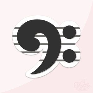 Clipart of a black base clef with an offset white background with 5 sheet music black lines.