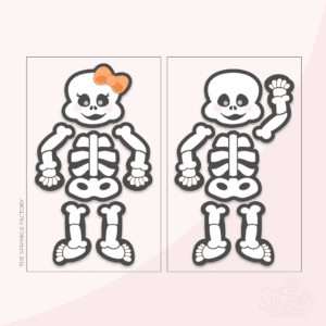 Clipart of a white skeleton with an offset black background broken up into body parts with a boy and girl head and the girl wearing an orange bow.
