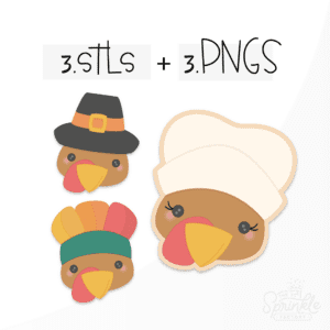 Digital image of 3 turkey heads. One is dressed like an Indian with green band and yellow orange and red feathers. One has a white bonnet and is dressed like a girl pilgrim. The boy pilgrim turkey has a black had with orange hand and yellow buckle.