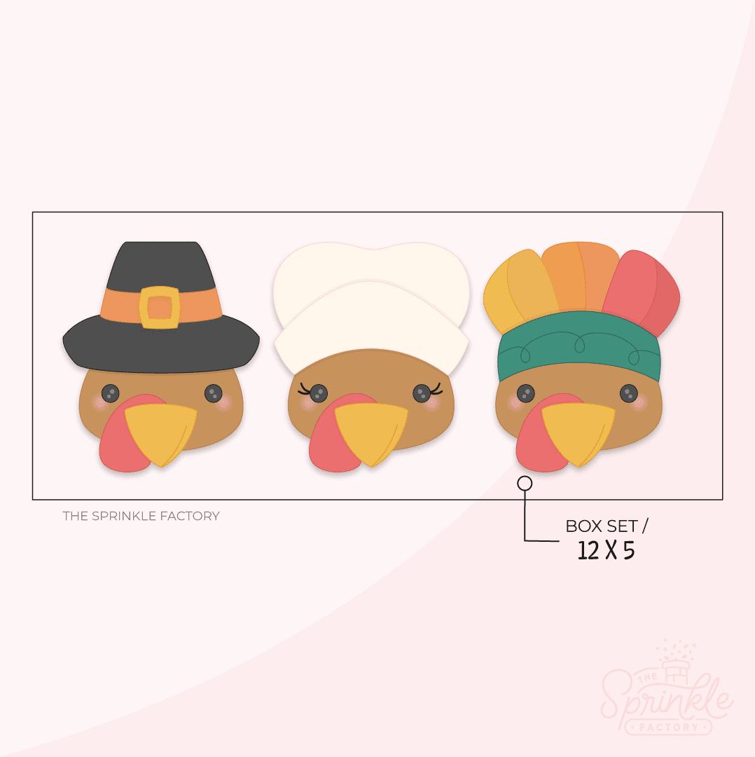 Digital image of 3 turkey heads. One is dressed like an Indian with green band and yellow orange and red feathers. One has a white bonnet and is dressed like a girl pilgrim. The boy pilgrim turkey has a black had with orange hand and yellow buckle.