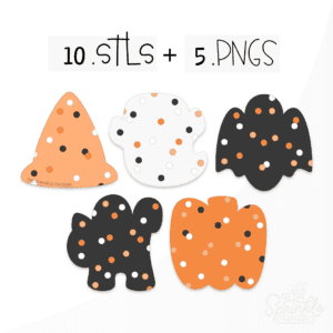 Digital image of frosted animal crackers in the shape of a orange witch hat, white ghost, black bat, black cat and an orange pumpkin with orange, white and black round sprinkles.