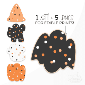 Digital image of frosted animal crackers in the shape of a orange witch hat, white ghost, black bat, black cat and an orange pumpkin with orange, white and black round sprinkles.