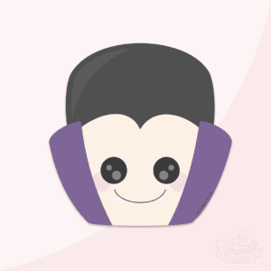Clipart of a vampire head with very light skin, tall black hair and purple collar up the side of the face with a smile, pink cheeks and 2 white fangs.