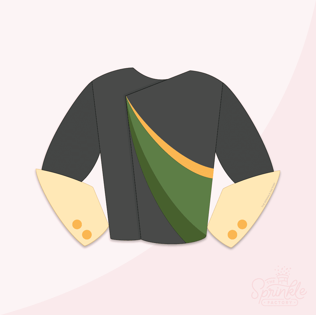 Digital image of a black band uniform top with gold cuffs with gold buttons and a two toned green curved stripe down the front with gold.