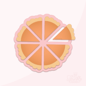 Clipart of a round orange pumpkin pie with golden crust cut into slices.