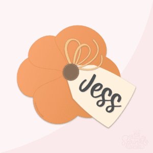 Clipart of the top view of an orange pumpkin with brown stem in the middle with beige twine holding on a cream tag that says Jess in black cursive writing.