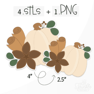 Clipart of a cream coloured pumpkin with brown anise, cinnamon stick and green leaves.