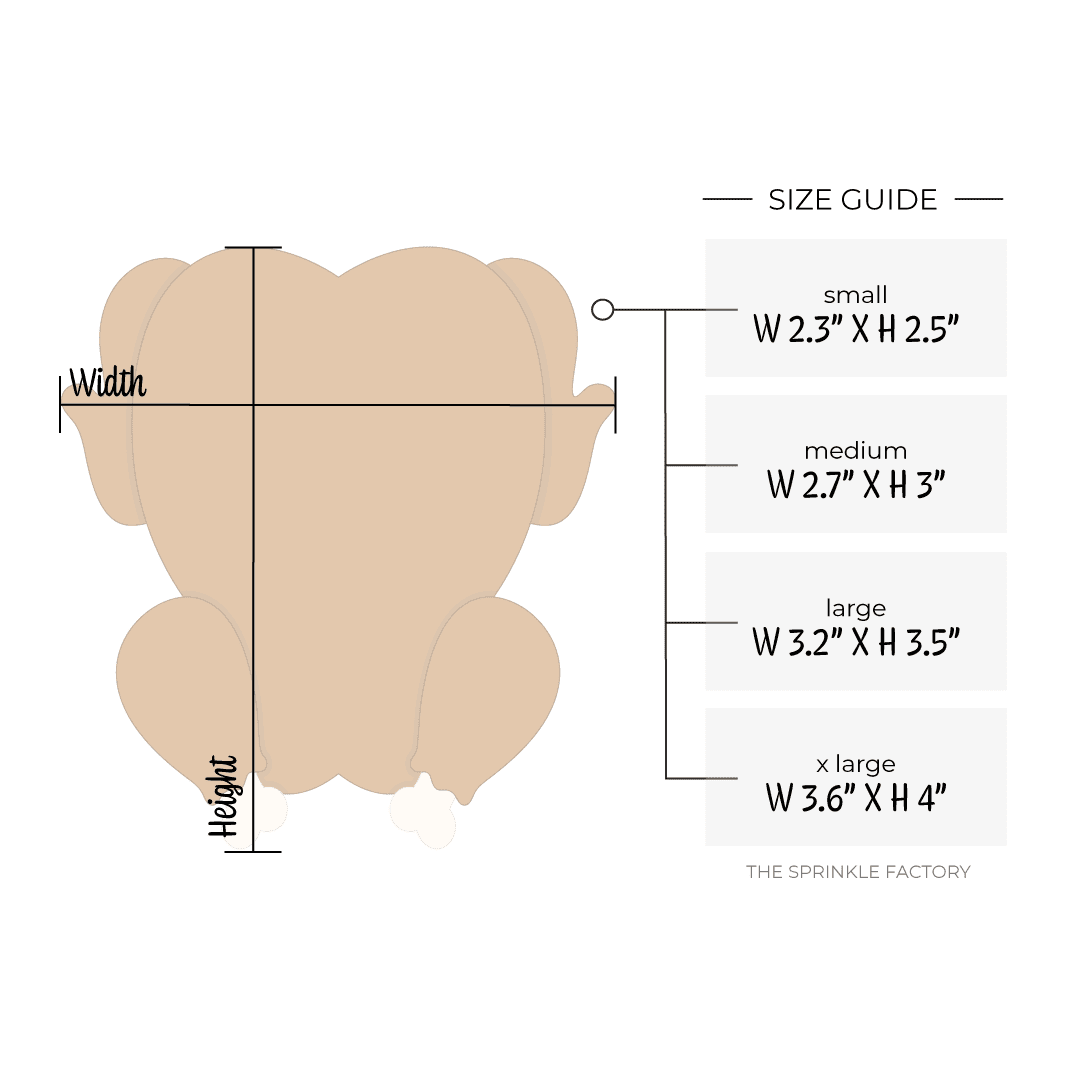 Clipart of a golden brown roasted turkey top view with size guide.