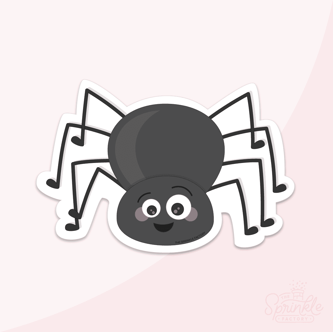 Clipart of a black spider with big eyes, a smile and 8 legs.