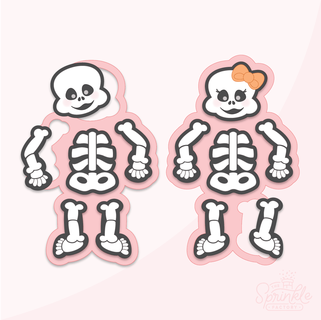 Clipart of pink build a skeleton multi cutter boy and girl with black and white skeleton images overtop.