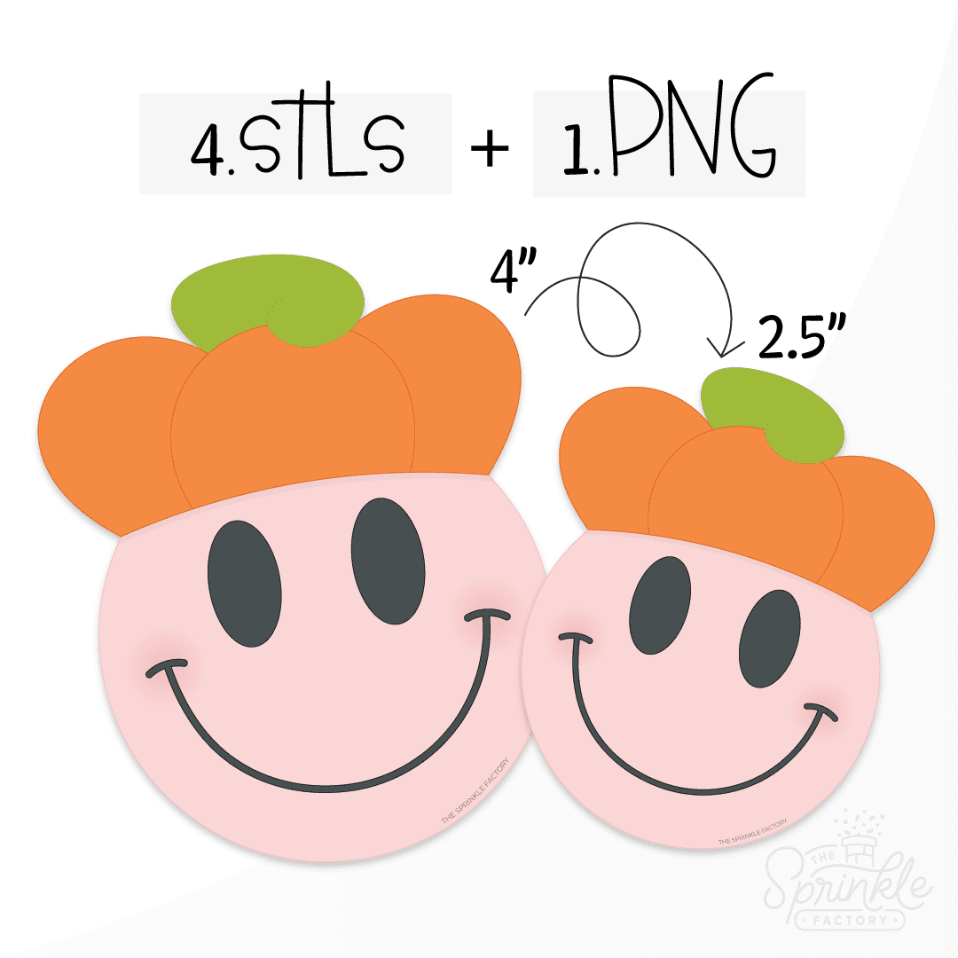 Clipart of a pink smiley face with black eyes and mouth with an orange pumpkin hat on with green stem on top.
