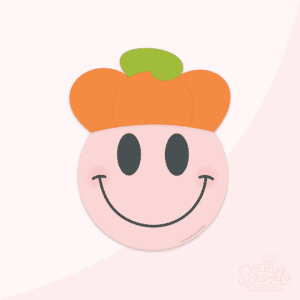 Clipart of a pink smiley face with black eyes and mouth with an orange pumpkin hat on with green stem on top.