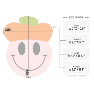Clipart of a pink smiley face with black eyes and mouth with an orange pumpkin hat on with green stem on top with size guide.