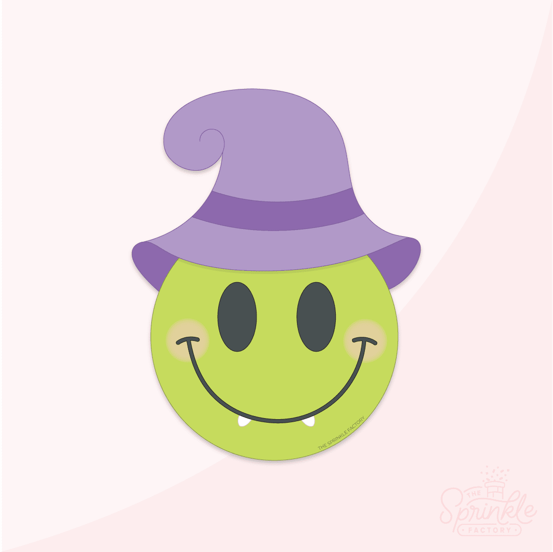 Clipart of a green smiley face with black eyes and mouth with 2 white fangs wearing a purple witch hat.