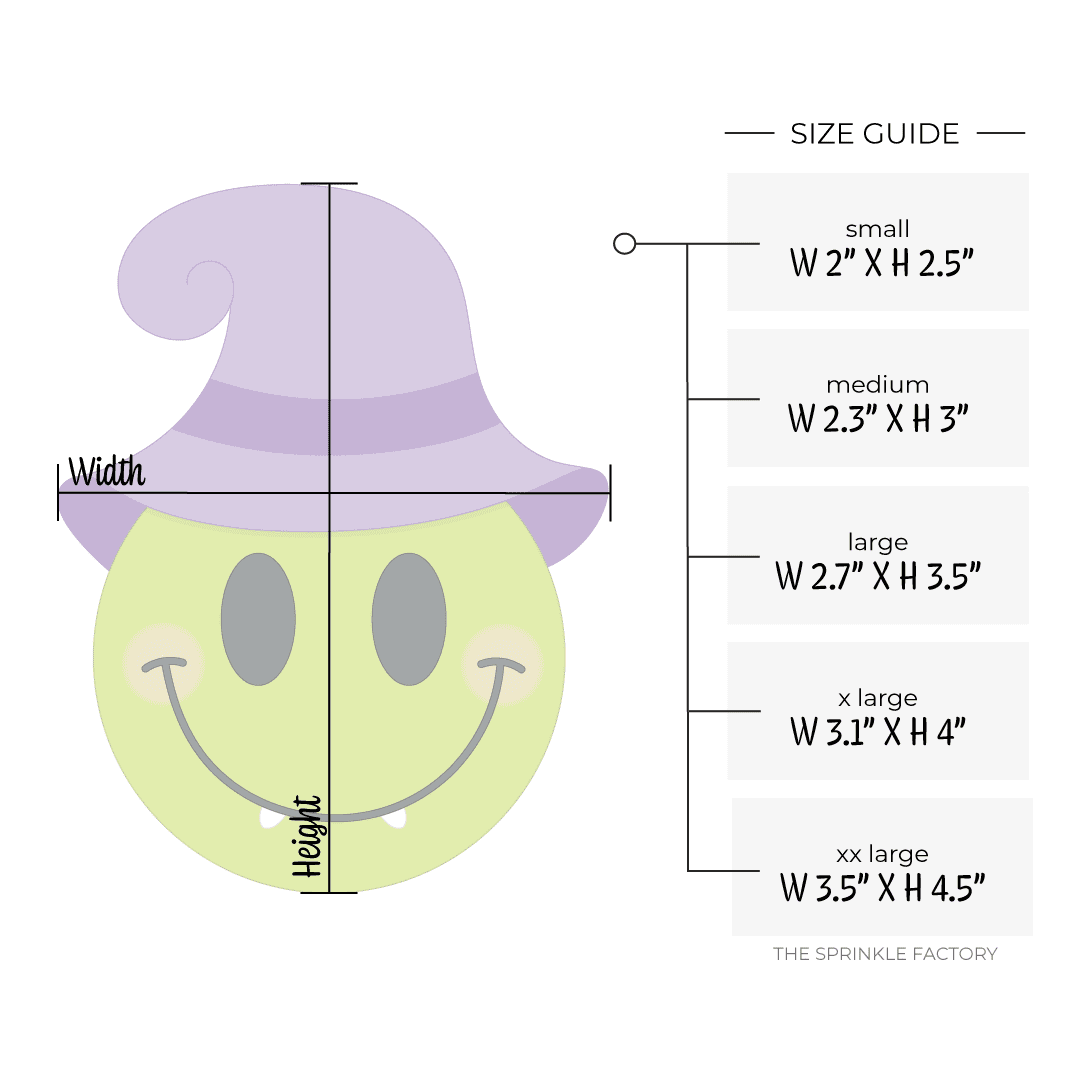 Clipart of a green smiley face with black eyes and mouth with 2 white fangs wearing a purple witch hat and size guide to the right.